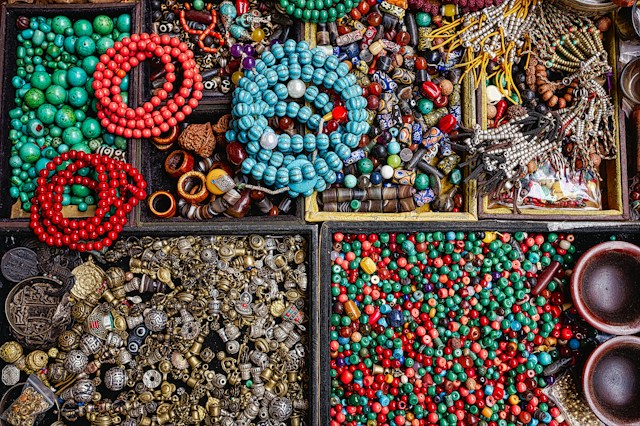 Assorted beads in different materials, shapes, sizes and colors