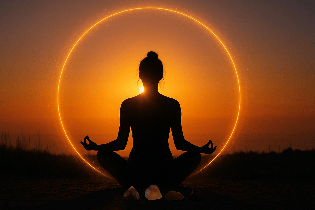 O reprezentare simbolică a karmei: o siluetă meditând la apus, înconjurată de un cerc luminos ce sugerează legea cauzei și efectului. În față apar cristale precum ametist, cuarț roz și obsidian – sprijin pentru echilibru karmic.