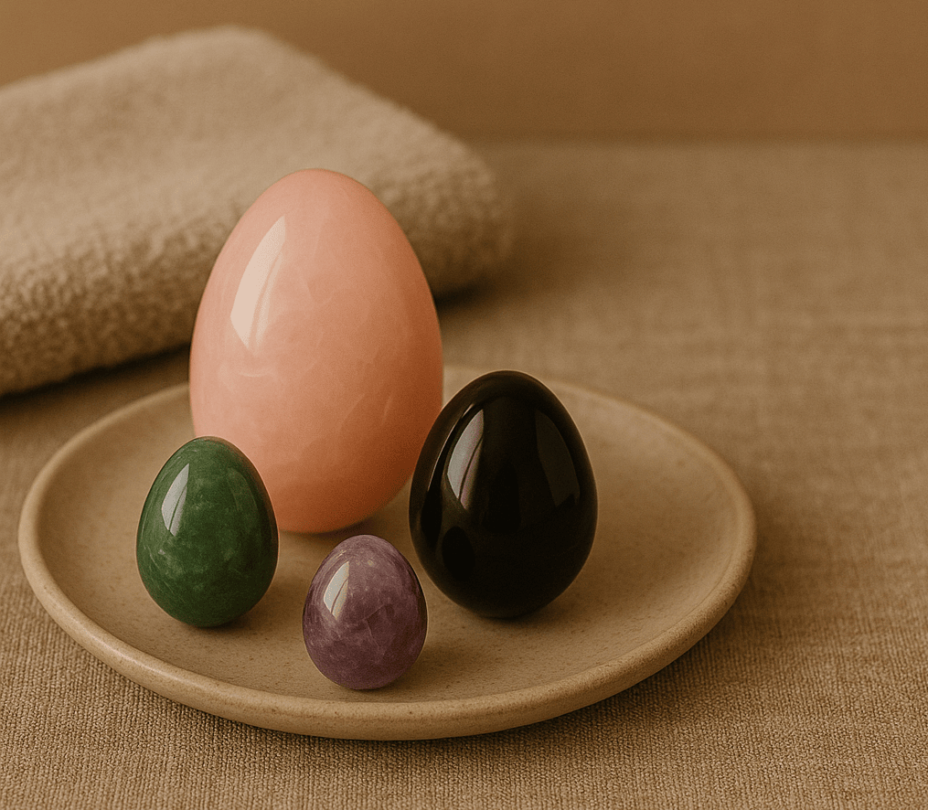 4 oua yoni din pietre semipretioase de culoare roz pal, verde, mov si negru