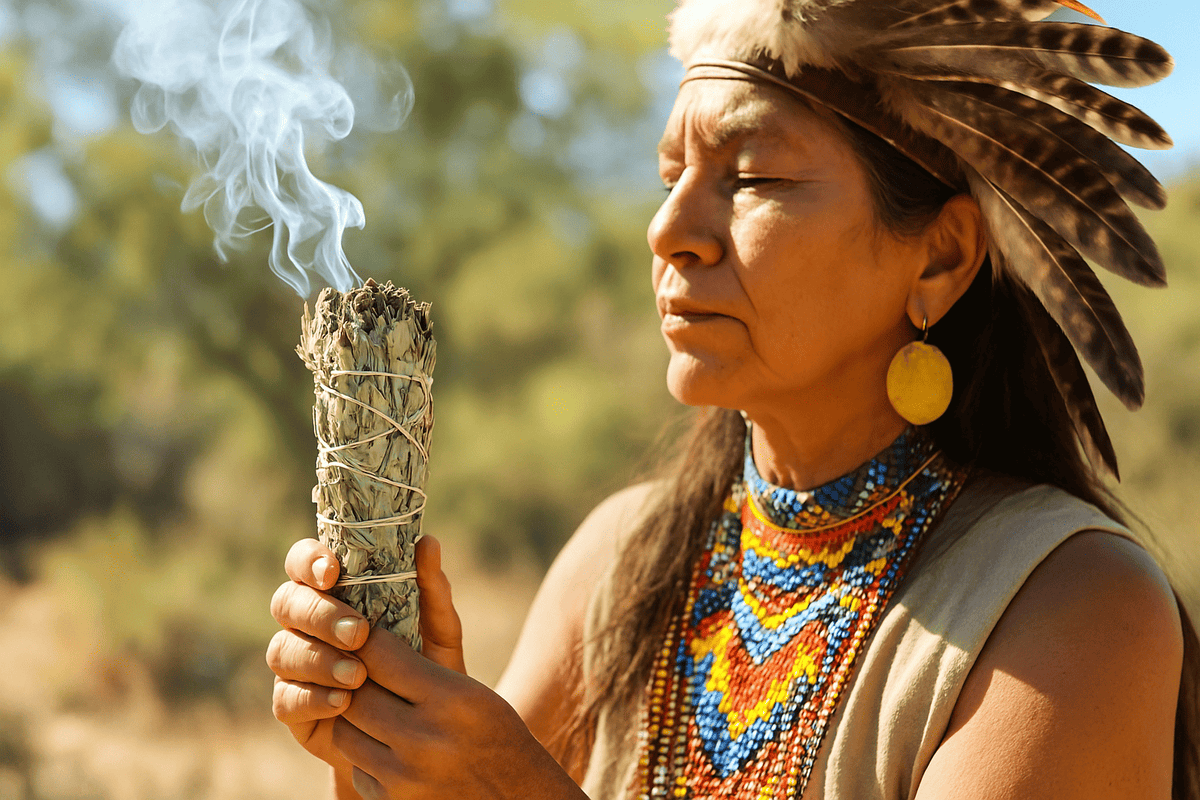 un saman care utilizeaza salvia pentru purificare si curatare energetica