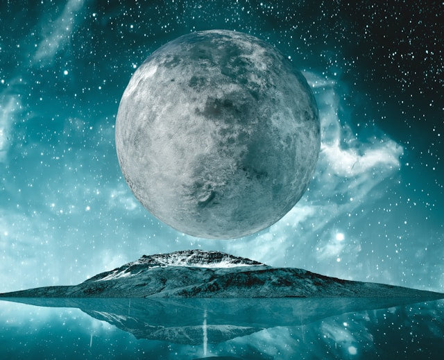 A surreal full moon rising above water and mountains under a starry sky, symbolizing lunar insight and heightened intuition.